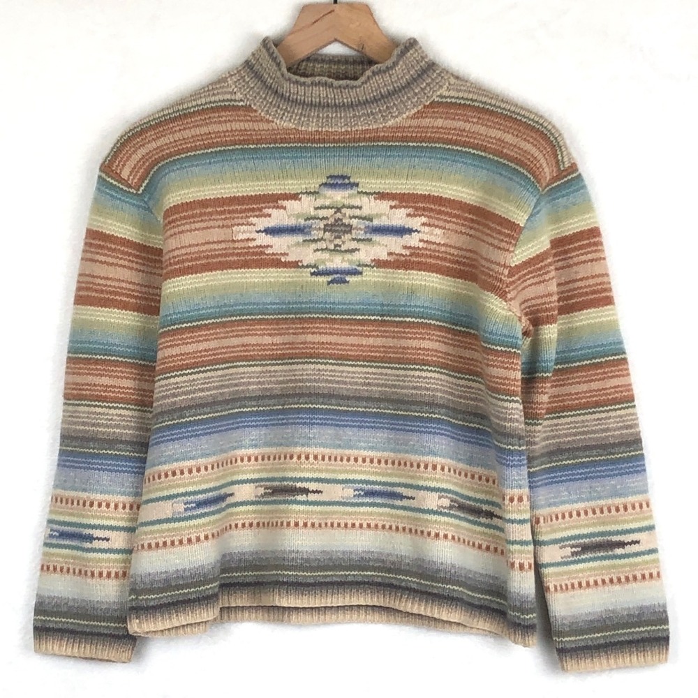 VTG Ralph Lauren Hand Knit Lambswool Aztec Sweater Women's M Petite Southwest